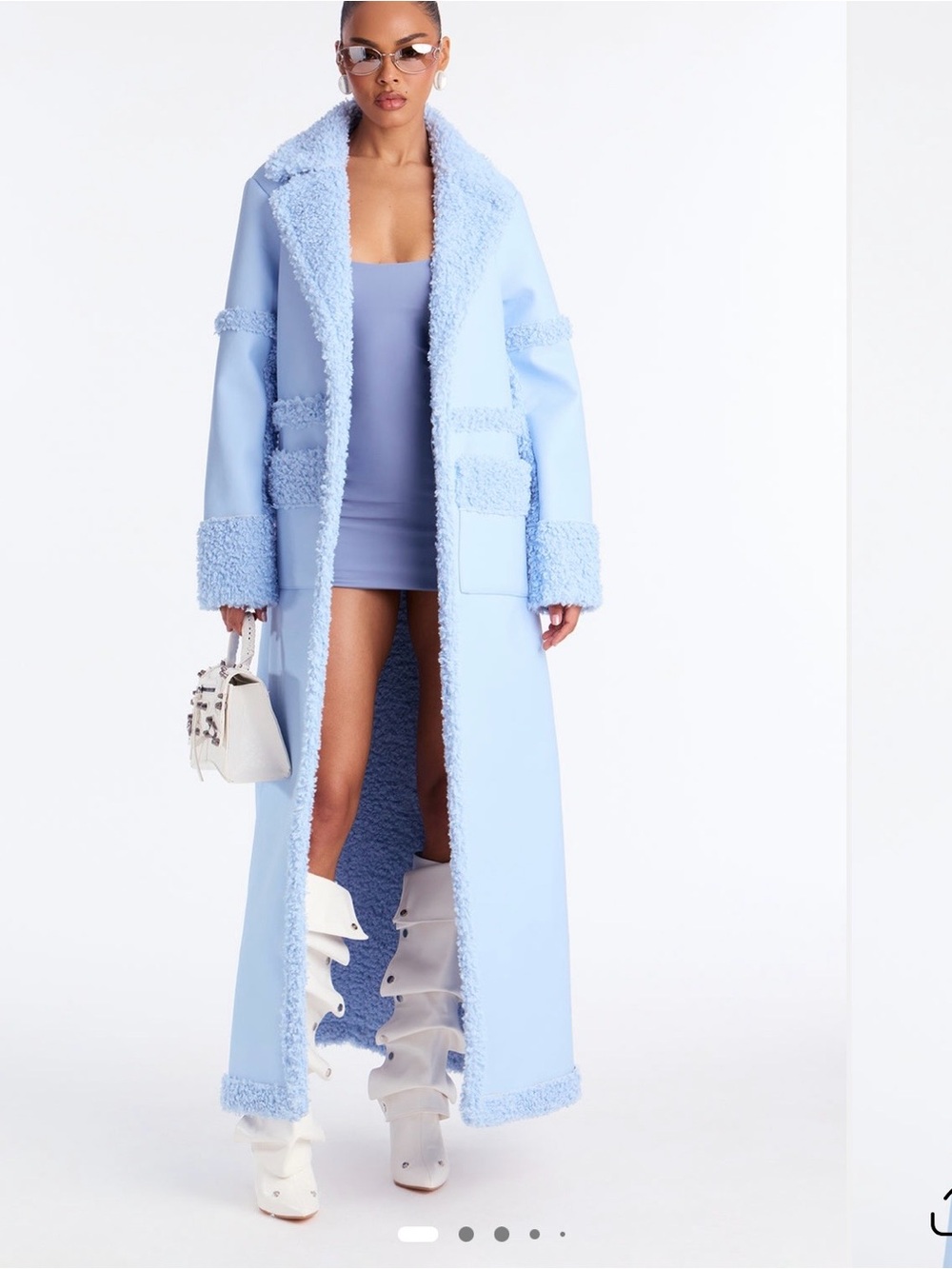 Light Blue Faux Leather Long Trench Coat with Shearling Trim LLC